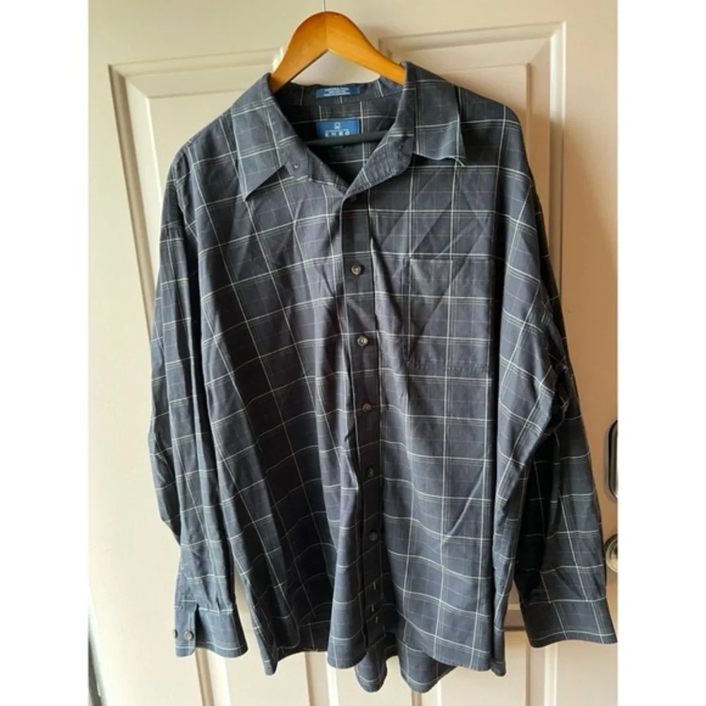 ENRO Men's Black Small Stripe Button Front No Iron Cotton Twill Shirt EUC #851